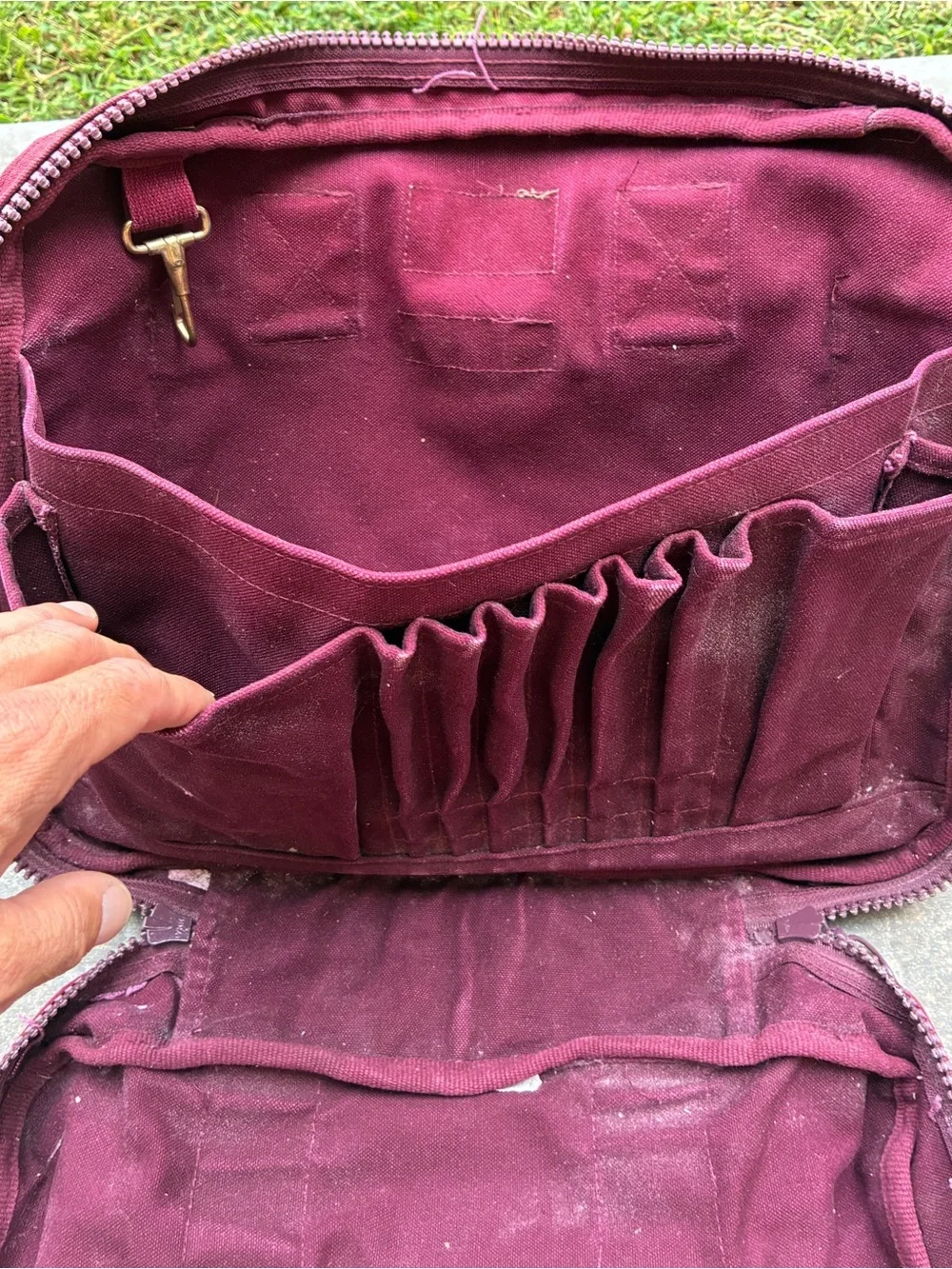 Lands End Canvas Square Messenger USA Made Maroon Distressed Bag Has Been Washed